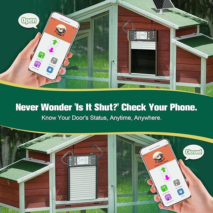 Smart Automatic Coop Door with App, Door Status Monitoring & WiFi Auto Connect, Solar Chicken Door Opener, Anti-Pinch Safety, Light Sensor, Timer, 4000mAh Battery Roll-Up Chicken Door for All Coops