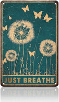 PEACHGARDEN Dandelion Vintage Metal Sign Butterflies Wall Decor Just Breathe Tin Sign for Home Office Living Room Bar Coffee 8x12inch