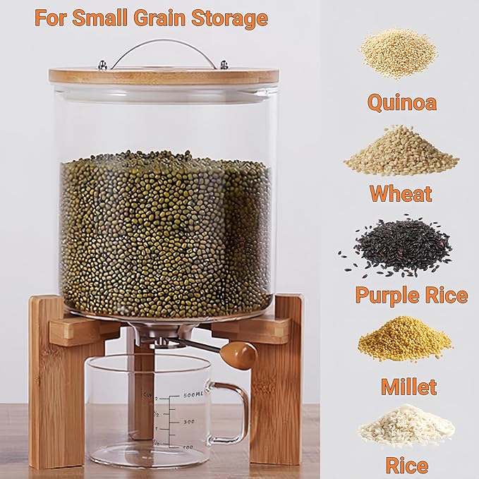 5L Glass Rice Dispenser, Cereal Container with Bamboo Stand, Large Airtight Food Storage Bin, Rice Organization Tank with Measuring Cup for Grain Coffee Beans Dry Food