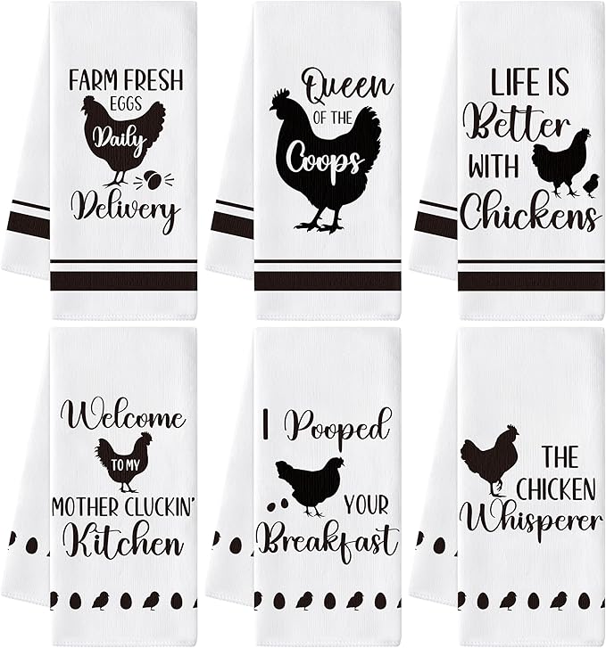 GROBRO7 Funny Chicken Hand Towel - 6Pcs Farm Hen Vintage Rustic Dishcloths Set Polyester Soft Towels for Farmhouse Kitchen Bath Dining Decor Cute Rooster Gifts for Men Women Housewarming