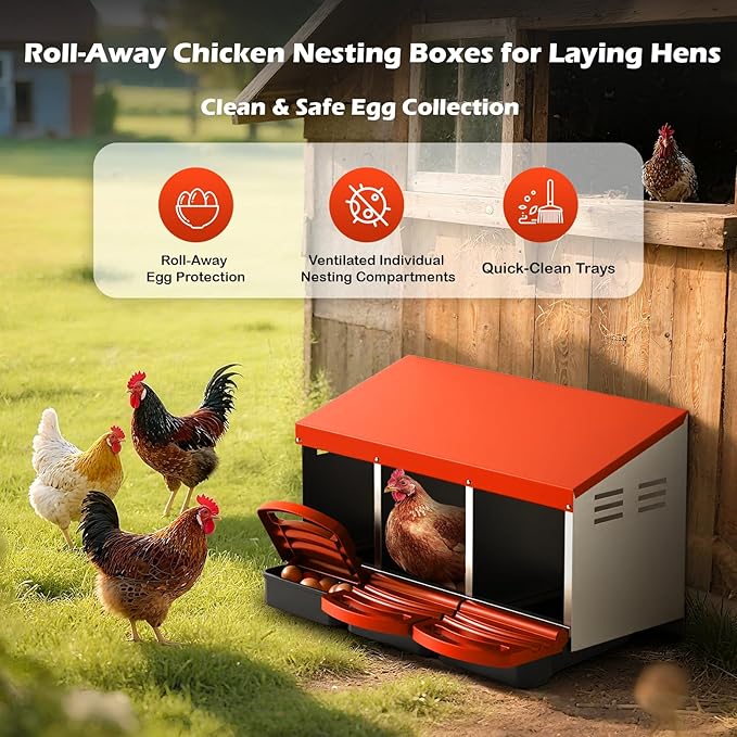 Chicken Nesting Boxes, Roll Away Laying Nest Box for Hens, Galvanized Steel with Removable Egg Drawer, Protects Eggs, Easy Egg Collection, for Chicken Coop, 3 Compartments