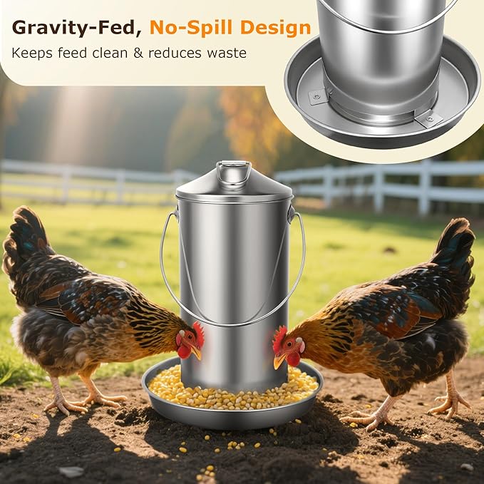Chicken Feeder - 304 Stainless Steel 8.8 lb Rust-Proof No Waste Poultry Feeder for Outdoor Coops, Chickens, Ducks & Small Farms