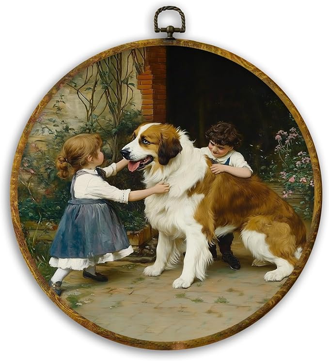 CUANFDDSF Vintage Saint Bernard Round Wall Art, Rustic Farmhouse Framed Hanging Wall Decor, Cottagecore Country Kids Playing with Dog Canvas Prints Decorations for Home Bedroom Room, 10x10 Inch
