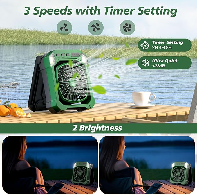 Camping Fan Battery Powered & Solar Powered, Portable Solar Fan 10000mAh Rechargeable Outdoor Fans with Light, Quiet Cordless Fans for Tent, RV, Emergency, Hiking, Power Outage, Desk, Survival Kit
