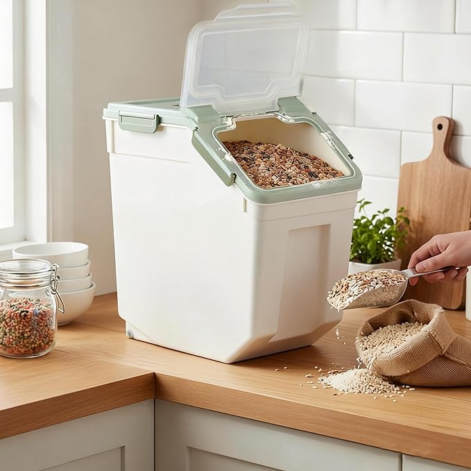 RUIAN 2Pcs Large Flour Storage Container Bin 50Lb Airtight Rice Storage Containers with Wheels Seal Locking Lid, BPA Free with Measuring Cup&Scoop for Flour, Rice, Grain 100LBS Total (Green)