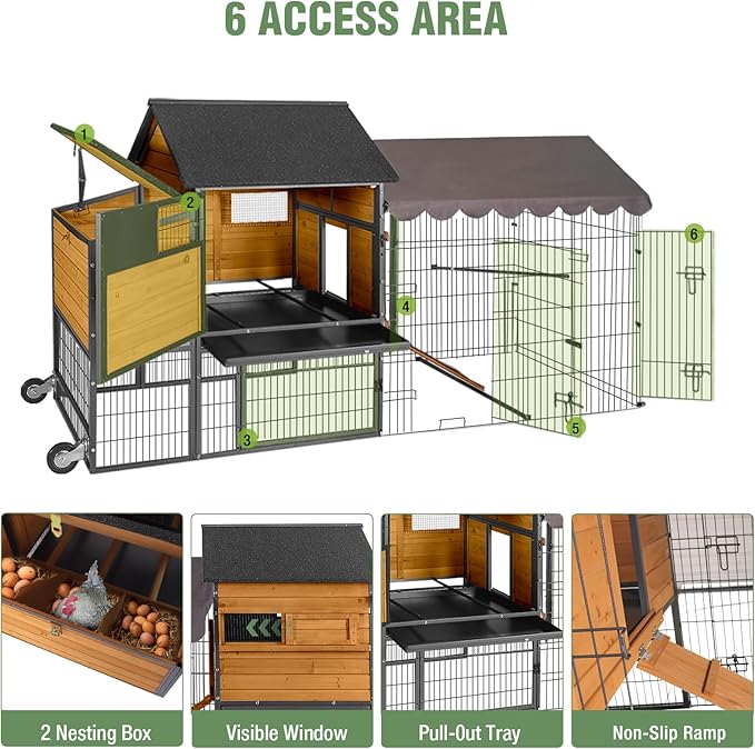 GUTINNEEN 85.6" Large Chicken Coop with Run for 6-8 Chickens, Heavy Duty Chicken Tractor with Wheels, Wooden Chicken House with Reinforced Steel Frame, Nesting Box & Pull-Out Metal Tray