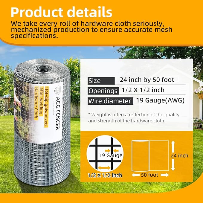 24inch x 50ft Hardware Cloth 1/2 inch Chicken Wire Fencing 19Ga, Hot Dipped Galvanized After Welding Garden Plant Supports Welded Metal Chicken Wire Fence, Poultry Animal Netting Cage Screen