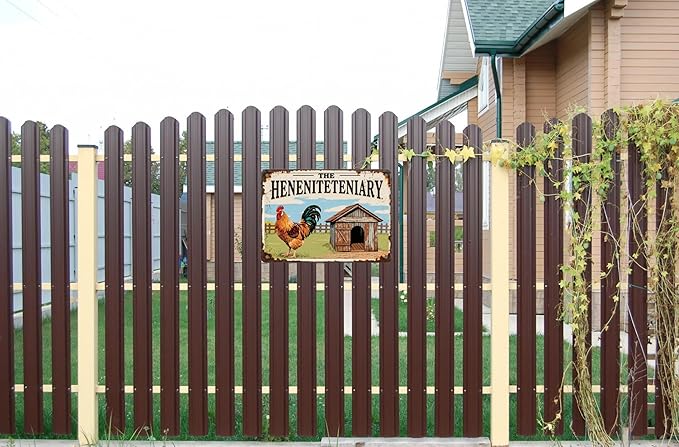The Henitentiary Sign - Rustic Metal Chicken Coop Sign for Farm, Garden, or Home Decor - 12" x 8" Vintage Tin Plaque, Door Name Plate, Wall Art