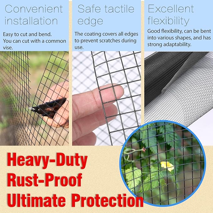 Black Hardware Cloth 1/2inch 24inx100ft, Chicken Wire Fencing, PVC Coated Metal Welded Wire Mesh Roll, for Rabbit Snake Groundhog Gopher Netting Cage Vegetable Garden Fence Animal Barrier