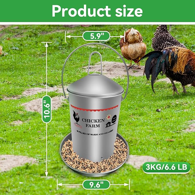 6.6 Lb Stainless Steel Poultry Feeder, Automatic Chicken Feeder No Waste, Hanging Chicken Feeder Heavy Duty Reliable Long-Lasting with Handle, Top Filled