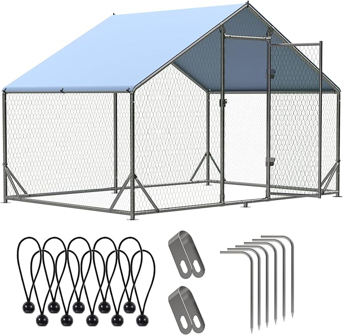 Outdoor Metal Chicken Coop Large Walk-in Poultry Cage Spire-Shaped Chicken Run with Waterproof and Anti-Ultraviolet Cover for Outside,Backyard and Farm,6.5' L x 9.8' W x 6.4' H