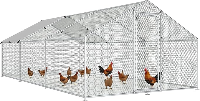 Large Metal Chicken Coop Walk-in Poultry Cage with Waterproof and UV-Resistant Cover, Outdoor Chicken Run Poultry Spire Roof Hen House for Backyard Farm Use, Spire Roof(10’ W x 19.7’ L x 6.4’ H)