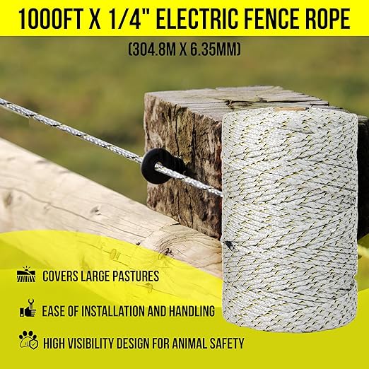 Electric Fence Wire 1000 ft, 1/4 inch (6 mm), Thick & Highly Conductive Tinned Copper Strands, Ideal for Temporary Pastures and Equine Containment Livestock, Work with Insulator & Charger