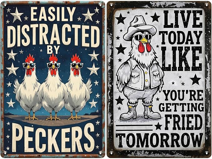 2 PCS Chicken Vintage Funny Metal Tin Sign Rooster Stars Wall Art Decor Retro Artistic Poster Plaque Decoration for Coops Farms Yard Home Bar Cafe Office Kitchen Gift for Chicken Lovers 8×12 Inches
