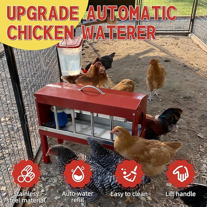 Automatic Chicken Waterer，Stainless Steel Large Chicken Drinker with Float Valve,Multi-Side Drinking Holes and Detachable Legs,Easy Clean Poultry Water Dispenser for Chicken Coop Duck Pigeon,Goose