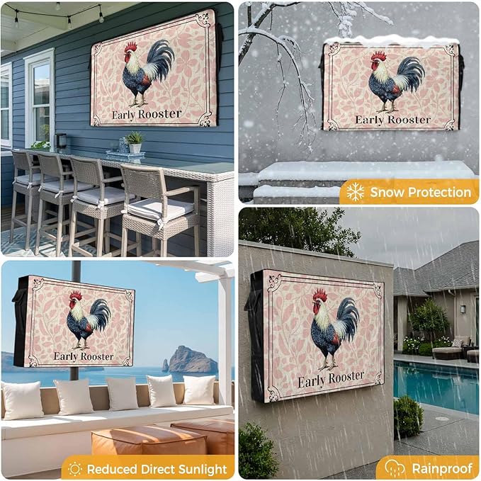 Waterproof Outdoor TV Cover 60 to 65 Inch, Farm Chicken Rooster on Vintage Linen Outside Flat Screen Televisions Weatherproof Cover Size 58"L x 37"H, Pink Flower Plant TV Protector With Zipper