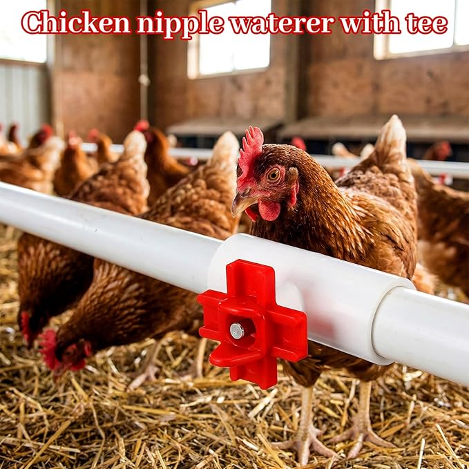24 Pack Horizontal Chicken Water Nipples with 1/2'' PVC Tee Fittings Automatic Chicken Water Feeder Easy Install Chickens Nipples Waterer Horizontal Side Mount Poultry Nipple Waterer