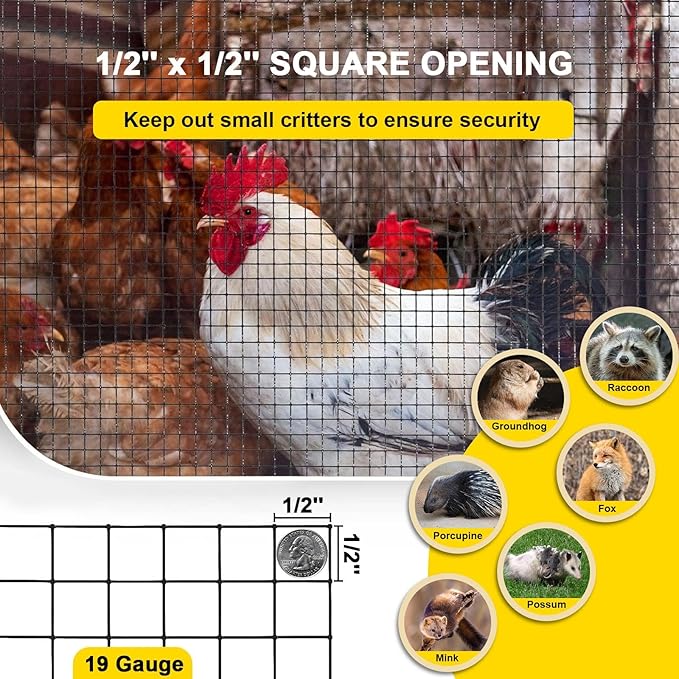 Black Hardware Cloth 4'' x 20' PVC Steel Vinyl Coated 1/2inch Galvanized Wire Mesh Roll（19GA) Chicken Wire Fence Roll, for coop Fences,Screen mesh, Rabbit/Snake Fences, Poultry enclosures, etc.