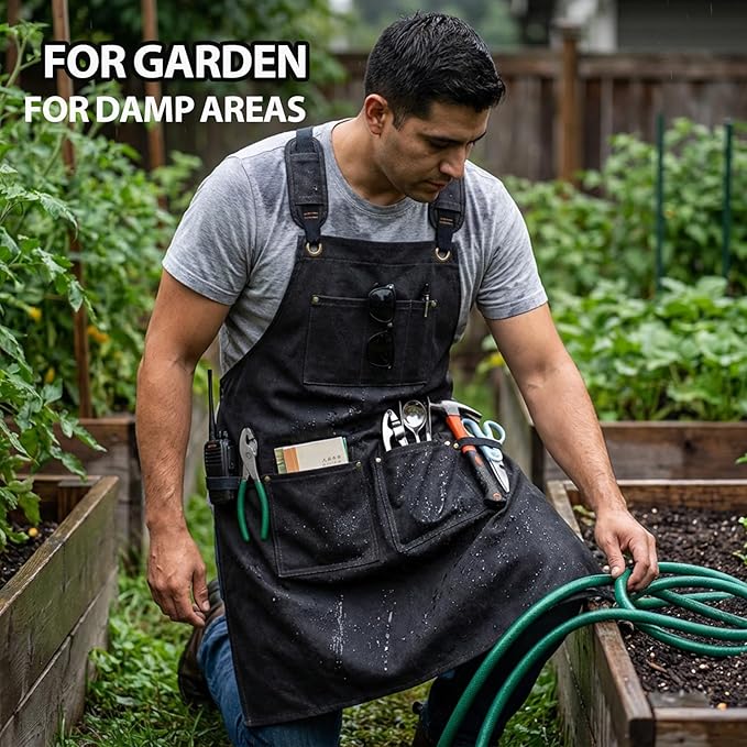 Woodworking Apron For Men - Tool Arpon For Men, Work Arpon with Cross Back Adjustable，For Garden, Kitchen, Cafe, M-L (Black)