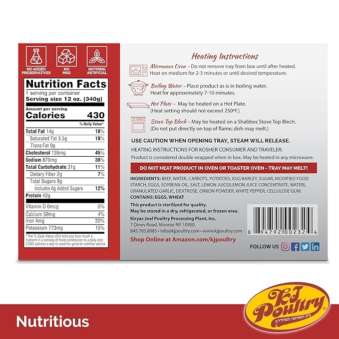 KJ Poultry Kosher Ready Meals - Beef Rib Steak & Kugel, MRE Meat Meals Ready to Eat, Shabbos Food (12 Pack) Prepared Entree Fully Cooked, Shelf Stable Microwave Dinner Travel Military Camping Survival