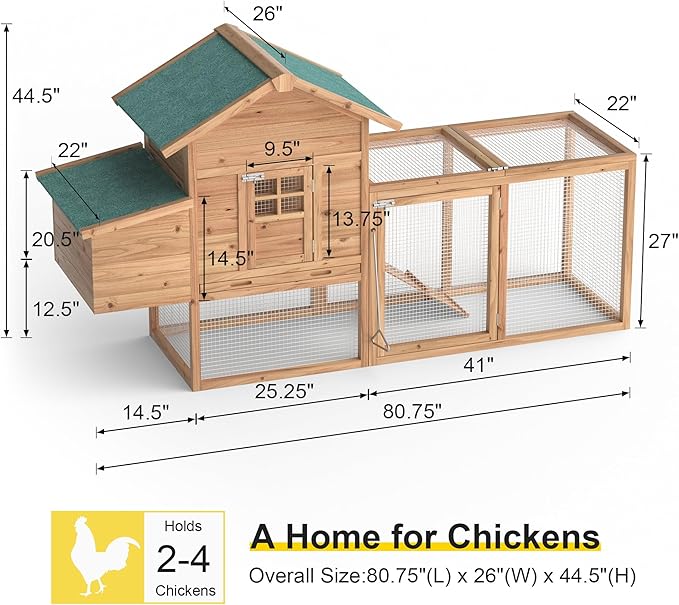 GOJOOASIS 80" Chicken Coop for 2-4 Chickens Outdoor Wooden Hen House Poultry Pet Hutch for Backyard w/Run Cage & Nesting Box(A)
