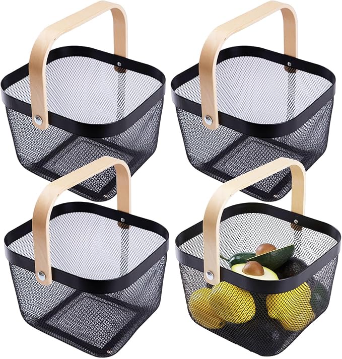 IBWell Square Metal Wire Woven Fruit Storage Bowl Basket with Wooden Handle, Large Black Mesh Fruit Stand, Multi-function Hanging Kitchen Baskets (Black, Normal 4PCS)