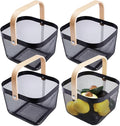 IBWell Square Metal Wire Woven Fruit Storage Bowl Basket with Wooden Handle, Large Black Mesh Fruit Stand, Multi-function Hanging Kitchen Baskets (Black, Normal 4PCS)