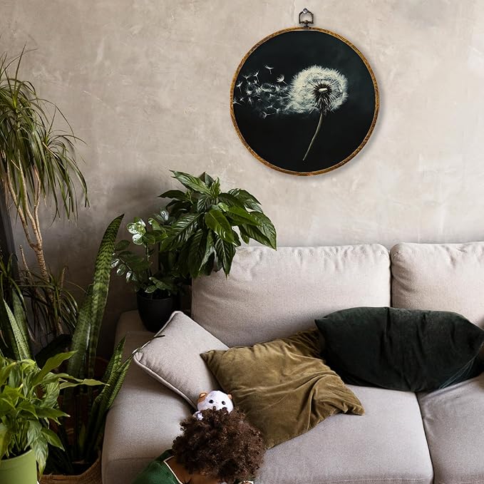 Hiuwevt Dandelion Round Wall Art Decor, White Flower Modern Rustic Framed Canvas Prints, Dandelion Farmhouse Wildflower Round Wall Hanging Decor for Bedroom Home Decorations, 10x10 Inches