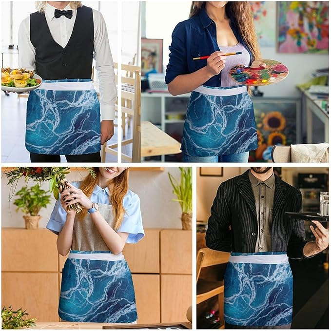 Unisex Chef Waiter Apron Waist Half Short Serving Aprons with 3 Pockets