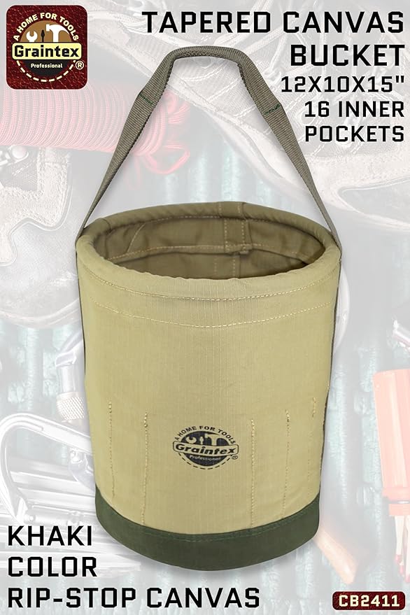 Graintex Tapered Canvas Bucket 12"x10"x15", Utility Tool Bucket 16 Inside Pockets, Reinforced Base & Carry Handle, Ripstop Canvas, Multi-Purpose Bag for Jobsite & Home Use for Tool Storage Solutions