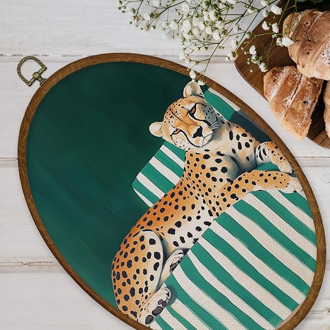 WULQYING Vintage Cheetah Sofa Wall Art Decor, Jungle Leopard Oval Framed Canvas Art Prints, Emerald Striped Sofa Animal Wall Hanging Decor for Home Living Room Gallery Apartment, 8.6x11.4 Inches