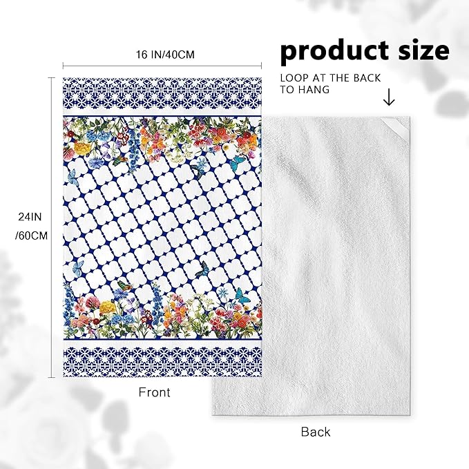 Blue and White Kitchen Towels Set of 4, Blue Wildflower Decorative Tea & Hand Towels, Chinoiserie Dish Towel Dishclothes for Drying Cleaning, Spring Summer Kitchen Decor & Gifts for Cooking Lover