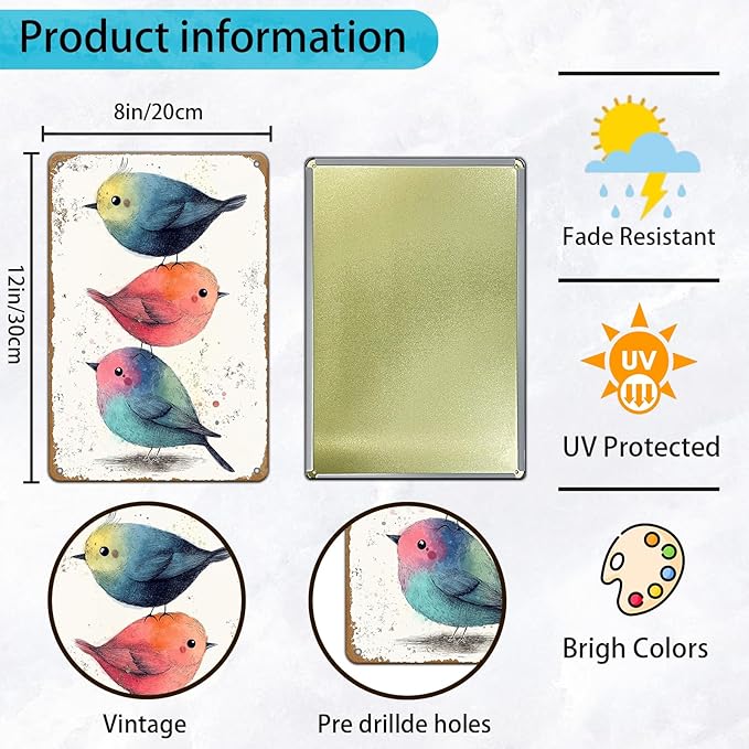 Vintage Tin Sign Watercolor Birds Wall Decor Nursery Birds Print Cute Wall Decoration Birds Nursery Animals Tin Sign Poster Home Bar Plate Wall Decor Birds Metal Tin Sign 12x8 Inch