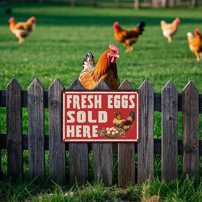 Vintage Farm Fresh Eggs Chicken Coop Metal Sign Funny Fresh Eggs Sale Here Farm Tin Poster Outdoor Farmers Market Wall Decor 12x8 Inch