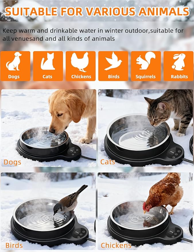 Heated Water Bowl for Dogs & Cats, 100W Heated Pet Bowl Outdoor with 3 Temperature Settings, 12H Timer, BPA-Free&50OZ Removable Stainless Steel Bowl, Anti-Chew Cord for Chickens, Ducks, Birds, Animal