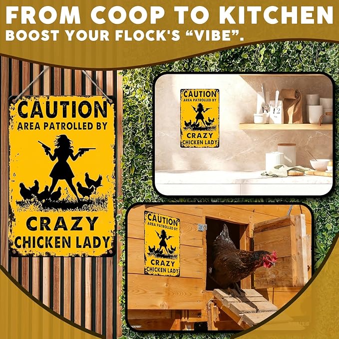 PEACHGARDEN Funny Chicken Coop Decor - "Caution Area Patrolled By Crazy Chicken Lady" Metal Tin Sign - 8x12 Vintage Farmhouse Wall Art for Backyard Garden & Hen House - Gift for Women