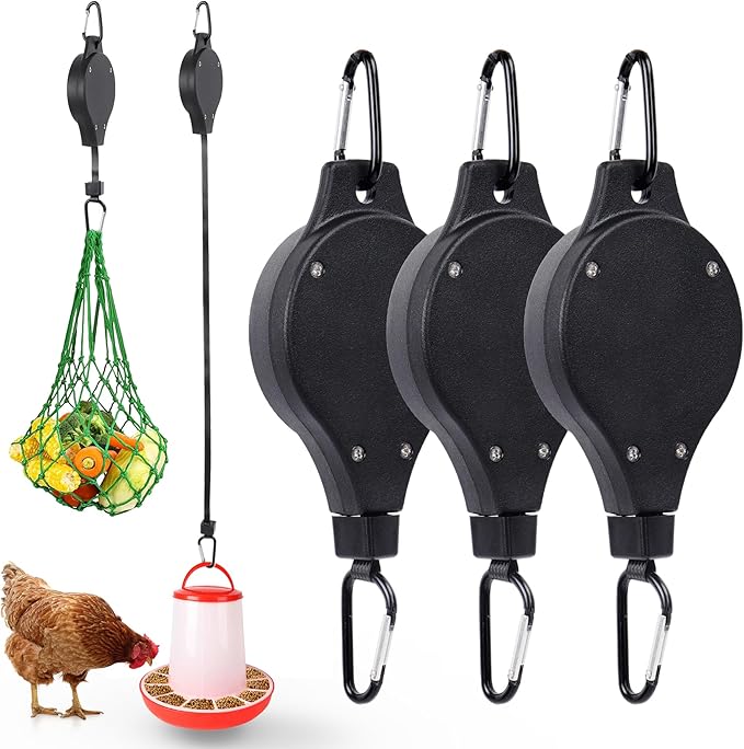 BJADE'S Pulley Hanger Hanging 3 Pack for Chicken Feeders,Adjustable Retractable Hanging Chicken Feeder for Chiken Bird Coop Accessories Feeders Waterer Plant Hooks Hanger