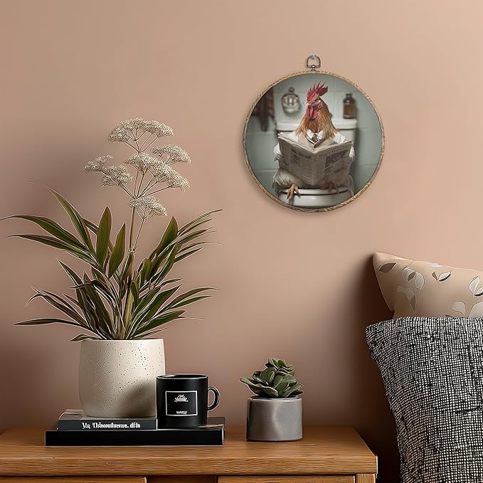 Pugwak Funny Chicken Bathroom Round Wall Art Decor Prints, Rustic Farmhouse Rooster Canvas Art Framed, Chicken Reading on Toilet Artwork Wall Hanging Decor for Washroom Bathroom Restroom, 10x10in