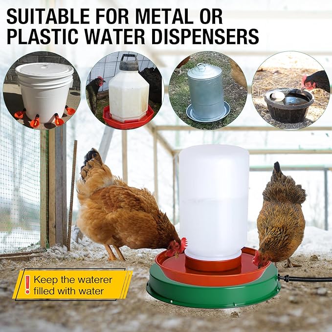 Chicken Water Heater for Winter 12.4", 125W Thermostat Chicken Drinker Heater Base for 3–5 Gal Metal Plastic Poultry Waterer, Water Heater for Chickens Duck with 6.6' Power Cord (Green,2PACK)