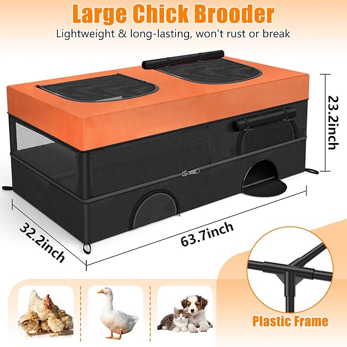 64" Large Chicken Brooder, Brooder Box for Chicks with Zipper Doors, Removable Waterproof Roof & Bottom for Easy Cleaning, Chick Starter Kit Cage, Small Animal Playpen for Duck Kitten Puppy Rabbit