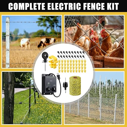 63 Pcs Electric Fence Kit Include 2-Mile Electric Fence 5000v 0.1joule 20 Insulator 1 Socket Tool 200m Polywire 40 T Post Insulators Socket for Predator Protection