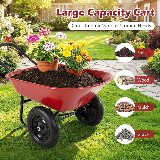 IRONMAX Dual-Wheel Wheelbarrow, Heavy Duty Wheel Barrel with All-Terrain Wheels, 330 LBS Utility Yard Cart with Built-in Stand, Outdoor Gardening Carts for Lawn, Farm, Planting (Red)