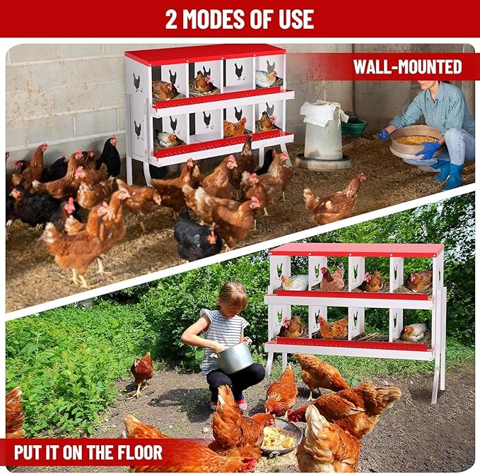 TrailBlaze 8 Compartment Chicken Nesting Box with Metal Legs, Chicken Egg Laying Boxes with Rollout Egg Collection, Large Vented Holes Chicken Coop for Chickens, Hens (Red)