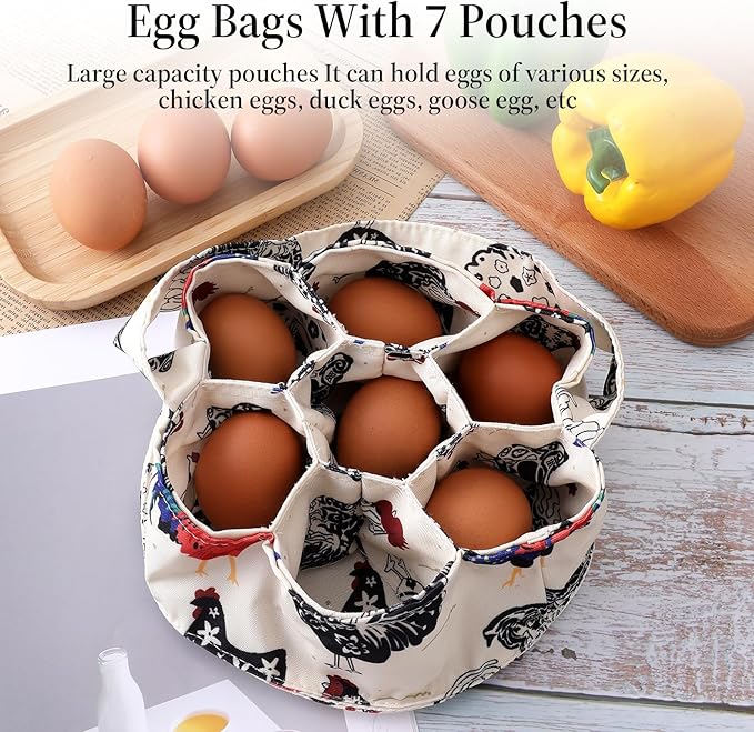 1 Pc Egg Collection Basket, Farmhouse Chicken Egg Holder with 7 Bags, Handheld Egg Purse Egg Basket for Collecting Fresh Eggs, Housewife Garden Transport Storage(Beige Chicken)