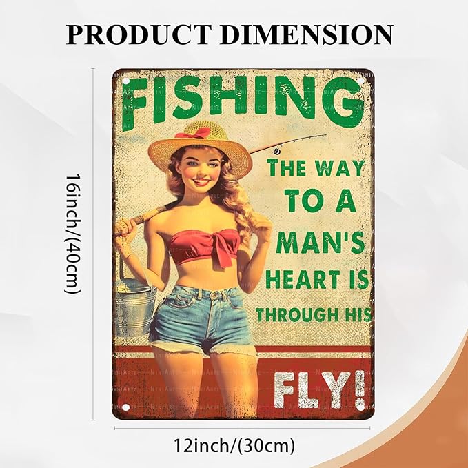 Pin Up Girl Fishing Metal Tin Sign The Way to A Man's Heart Through His Fly Vintage Sign for Wall Art Decor for Home Angler Wall Decor Cafes Lake House Seascape Decor 12X16Inch