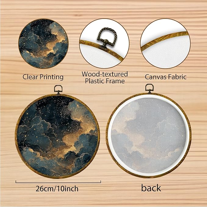 Hiuwevt Vintage Moody Gothic Celestial Round Wall Art Decor, Dark Academia Framed Canvas Prints, Blue Gold Starry Night Sky Round Wall Hanging Decor for Bedroom Home Decorations, 10x10 Inches