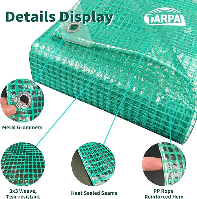 TARPAL 7'x20' Clear Green Tarp Heavy Duty Waterproof 12mil with Grommets or Zip Ties for Large Greenhouses for Outdoors Garden,Farm,Chicken Coops