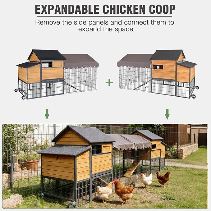 Extra Large Mobile Chicken Coop with Run, Portable Chicken Tractor with Wheels, Wooden Poultry Cage with All-Around Iron Frame, Metal Sliding Tray, Nesting Boxes for 6-8 Chickens
