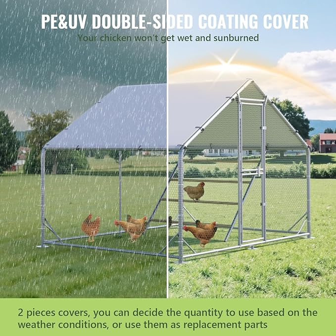 Large Metal Chicken Coop, 10x6.5x6.5FT Chicken Runs for Yard with Cover and Roosting Perch, Split Doors Walk in Chicken Coop