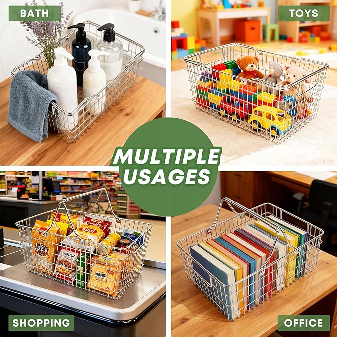 2 Pack Picnic Baskets with Handle, Pantry Organizers and Storage Basket, Stainless Steel Cabinet Organizer, Multi-functional Basket, for Gathering,Closets,Pantry,Garage,Bathroom,Picnic & More (S+L)